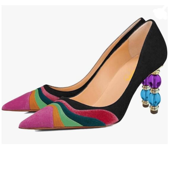 XYD Black Wave Pointed Toe Slip On Party Pumps Jewelry High Heel Rainbow Shoes - Picture 1 of 8